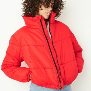 Red puffer jacket